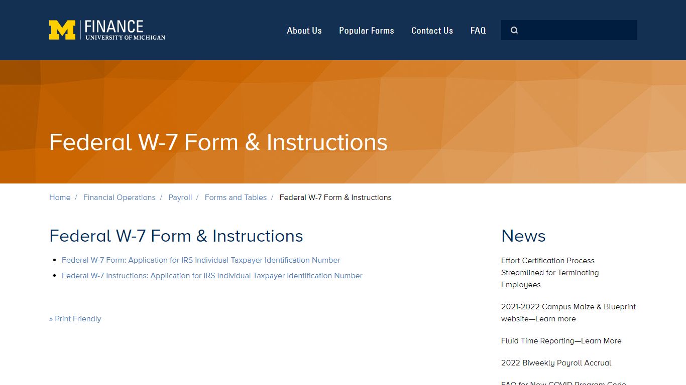 Federal W-7 Form & Instructions | University of Michigan Finance